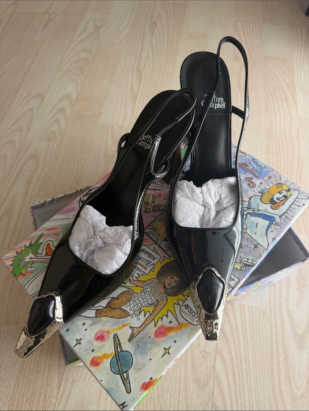 Brand New Jeffrey Campbell Black Patent Slingback Pumps with Metallic Silver